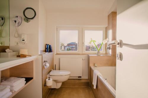 a bathroom with a toilet and a window at Landgut Stober in Groß Behnitz