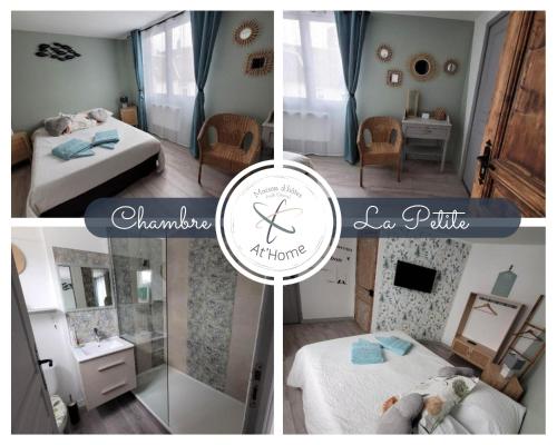 a collage of four pictures of a bedroom at Maison d'hôtes "At'Home" in Ault
