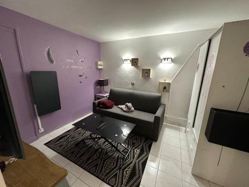 een woonkamer met een bank en een tv bij Studio purple proche Paris in Chennevières-sur-Marne