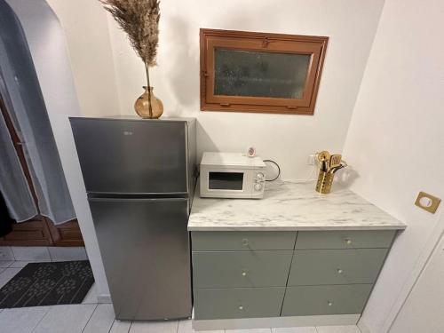 een keuken met een koelkast en een magnetron op een aanrecht bij Studio purple proche Paris in Chennevières-sur-Marne