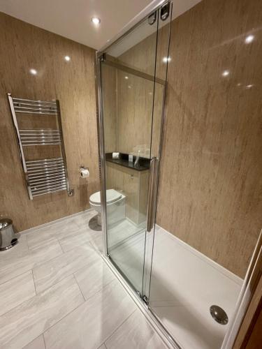 a bathroom with a shower and a toilet at Riverside Park & Country Club in South Molton