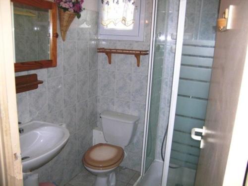 une salle de bain avec toilettes et lavabo dans l'établissement Maison climatisée avec parking et terrasses, 2 chambres, quartier calme - FR-1-387-68, à Marseillan