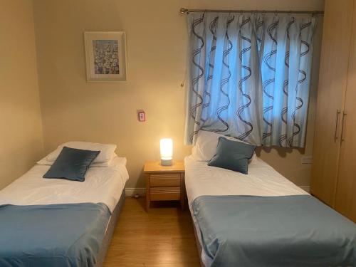 2 camas individuales en una habitación con ventana en Luxury Town House-Apartment Carrick-on-shannon, en Carrick on Shannon
