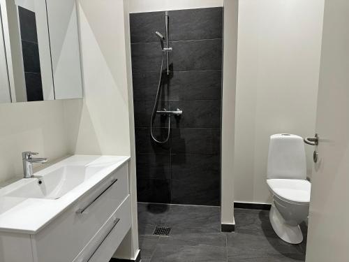 ein Bad mit einer Dusche, einem Waschbecken und einem WC in der Unterkunft City apartment Dæmningen Vejle in Vejle