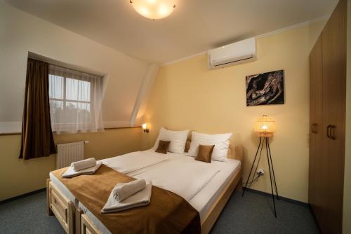 Halászi的住宿－Regia Panzió，一间卧室设有一张大床和一个窗户。