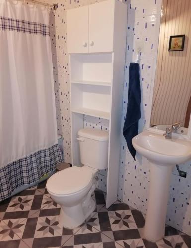 uma casa de banho com um WC e um lavatório em Piso acogedor y familiar en el campo em Villarrica