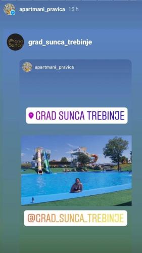 a screenshot of a text message about a grand sunset triathlon at Apartments Pravica Trebinje in Trebinje