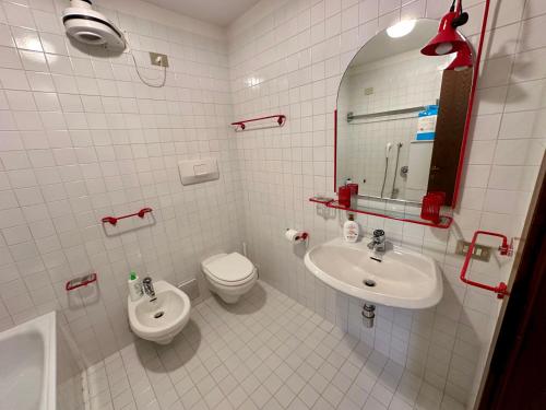 a bathroom with a sink and a toilet and a mirror at Bilocale Rio Falzè - Serafini in Madonna di Campiglio