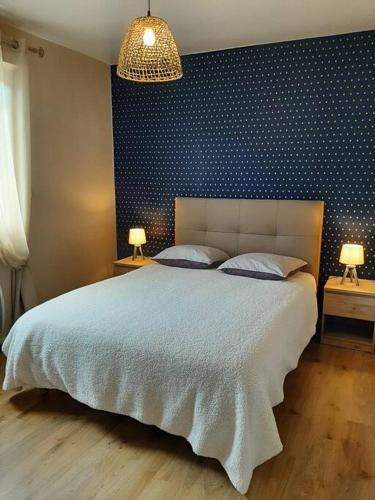 a bedroom with a large bed with a blue wall at Gîte l'Etape in Pirajoux