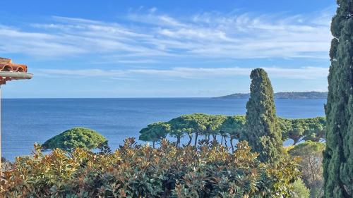 a view of the ocean with trees in the foreground at Clos de la Madrague in Sainte-Maxime