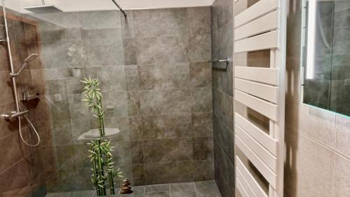 a bathroom with a shower with a plant in it at KrabatResidenz - Apartmenthaus in Burg