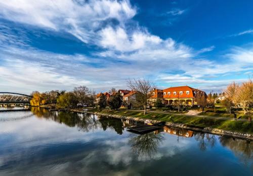 a view of a river with houses and a bridge at Regia Panzió in Halászi