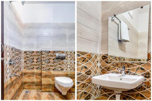 two pictures of a bathroom with a toilet and a sink at Hotel Shubhshree in Indore