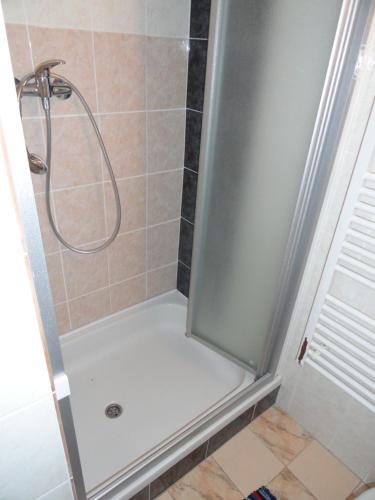 a shower with a glass door in a bathroom at Chata SLUKA in Poniklá