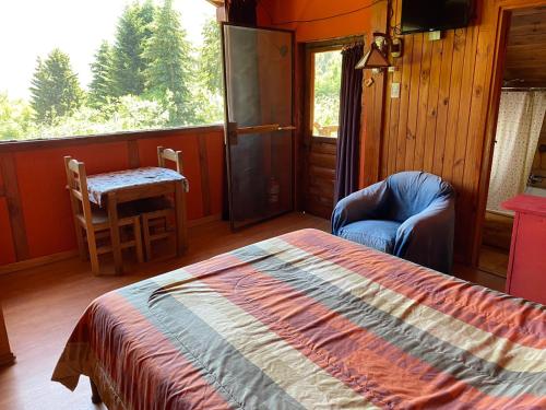 1 dormitorio con 1 cama, 1 silla y 1 ventana en Del Francés en Villa La Angostura