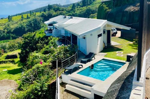 普納奧亞的住宿－Tahiti Moetama Cosy Lodge - VILLA ITI，享有带游泳池的房屋的空中景致