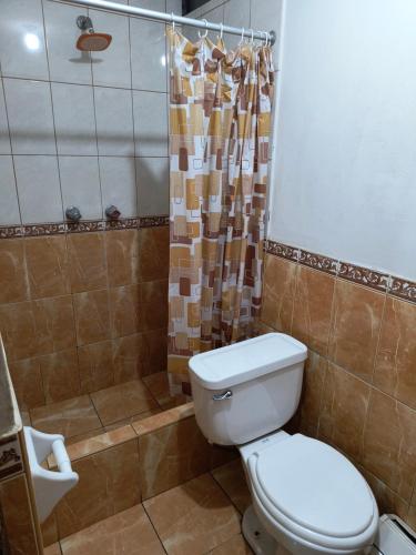 ein Bad mit einem WC und einem Duschvorhang in der Unterkunft Dulces Sueños in Huancayo