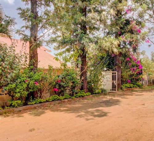 a garden with pink flowers and trees and a fence at Jhelum Villa by Sharayu Holidays in Panchgani