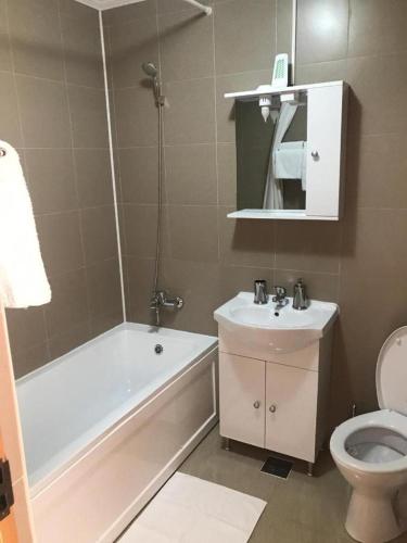 a bathroom with a tub and a toilet and a sink at Casa MaMi 2 in Sibiu