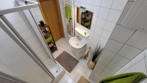 an overhead view of a bathroom with a sink and a shower at Wohlfühl-Ferienwohnung mit Tiefgarage im Grünen in Oberhof
