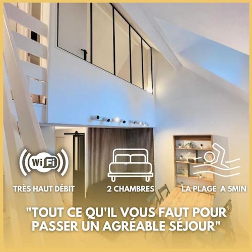 Cette chambre comprend un lit à baldaquin et un escalier. dans l'établissement La dunette, à Le Touquet-Paris-Plage