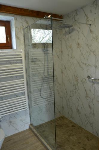 y baño con ducha y puerta de cristal. en Kerekerdő Vendégház, en Kisszékely