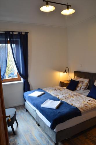 1 dormitorio con cama con sábanas azules y ventana en Kerekerdő Vendégház, en Kisszékely