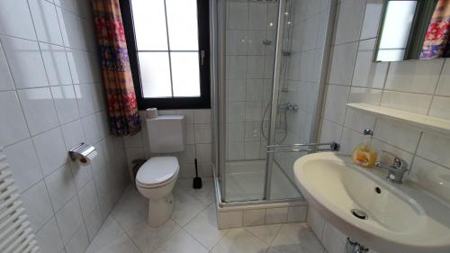 La salle de bains est pourvue de toilettes, d'une douche et d'un lavabo. dans l'établissement Lechbruck am See Feriendorf Hochbergle Haus 111, à Lechbruck am See