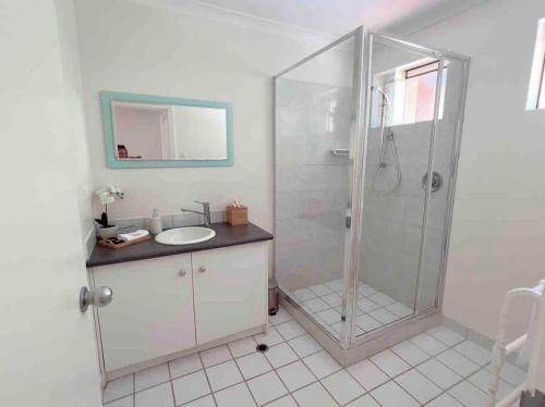 a bathroom with a shower and a sink at Belluca Villa, Middleton Beach in Albany