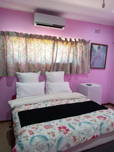 1 dormitorio con 1 cama grande y paredes de color rosa en Beyond New House, en Ciudad del Cabo