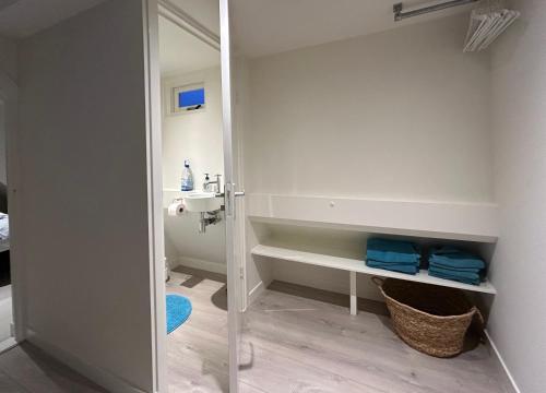 a bathroom with a sink and a mirror at Appelbloesem in Bergen