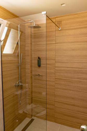 a shower with a glass door in a bathroom at Olympion Village in Kavos