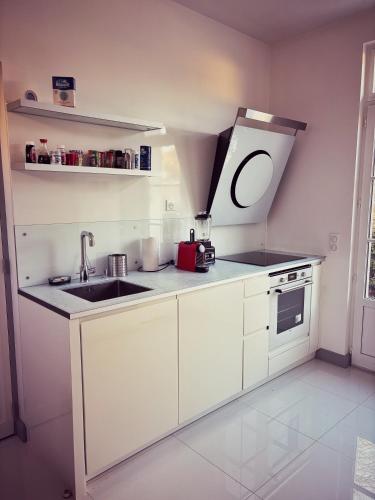 une cuisine blanche avec un évier et une cuisinière dans l'établissement Le jardin de l'arbre sec + parking, proche château., à Fontainebleau