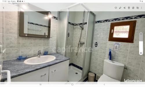 y baño con lavabo, ducha y aseo. en Villa familiale carlex, en Sète