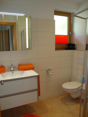 a bathroom with a sink and a toilet and a mirror at Gruberbauer Remsach in Bad Gastein