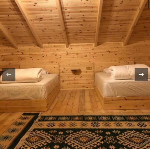 Zimmer mit 2 Betten in einem Holzzimmer in der Unterkunft hostel viking in Rize