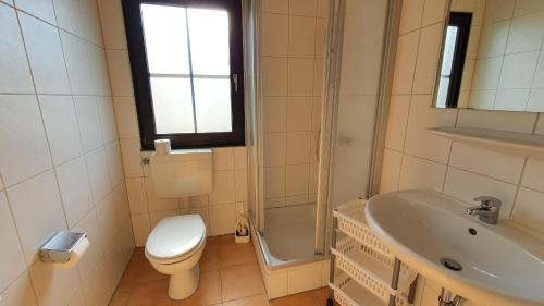 une salle de bain avec toilettes, lavabo et douche dans l'établissement Lechbruck am See Feriendorf Hochbergle Haus 139, à Lechbruck am See