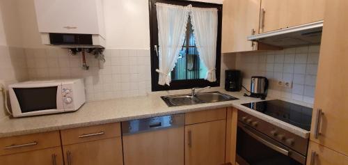 eine kleine Küche mit Spüle und Mikrowelle in der Unterkunft Lechbruck am See Feriendorf Hochbergle Haus 85 in Lechbruck