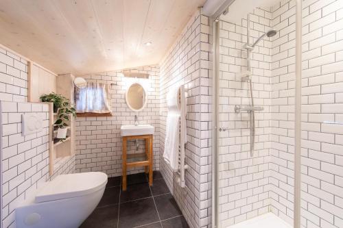 une salle de bain avec une douche, des toilettes et un lavabo dans l'établissement Chalet Figue, à Morzine
