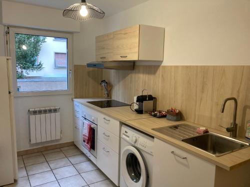 une cuisine avec un évier et une machine à laver dans l'établissement Appartement Le Männele, à Strasbourg