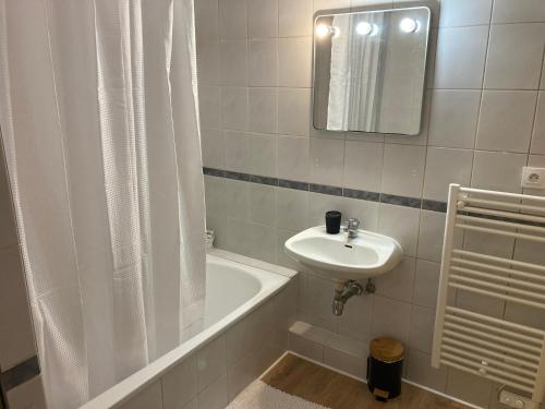 une salle de bain avec un lavabo et une baignoire et un lavabo dans l'établissement Appartement Le Männele, à Strasbourg