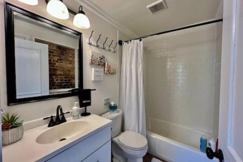 uma casa de banho com um lavatório, um WC e um chuveiro em 1 Bd Hide away Historic Dayton, Oh Oregon District em Dayton