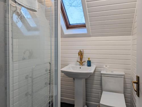 a bathroom with a sink and a toilet and a shower at Ceridwen 6 - Hot Tub-Luxury-Pets-Perthshire-Romantic-Dundee in Perth
