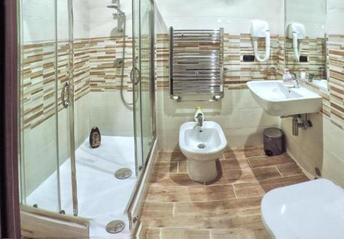a bathroom with a shower and a toilet and a sink at La Fiera GuestHouse in Fiumicino