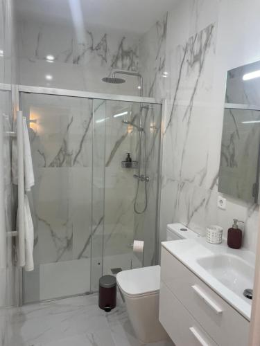 een badkamer met een douche, een toilet en een wastafel bij Soho Moraleja I in Alcobendas