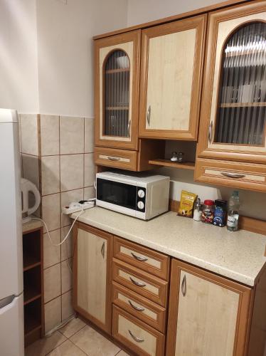 une cuisine avec des placards en bois et un four micro-ondes sur un comptoir dans l'établissement Apartament/mieszkanie-Wałbrzych Piaskowa Góra, à Wałbrzych