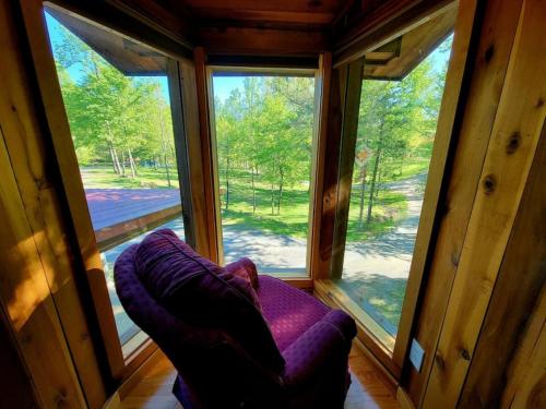 a purple couch sitting in a room with windows at Suite Maharaja in Stanardsville