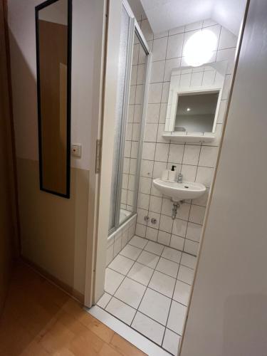 a bathroom with a shower and a sink and a mirror at Einzelzimmer mit Bad 14 in Meine