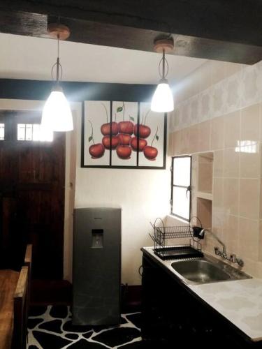 a kitchen with a sink and two pictures of hot dogs at La cabaña del TIO PEPE in Taxco de Alarcón