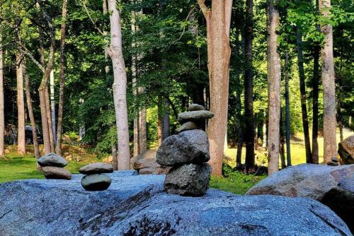 a statue of a person sitting on a rock at Zen River Retreat in Stanardsville
